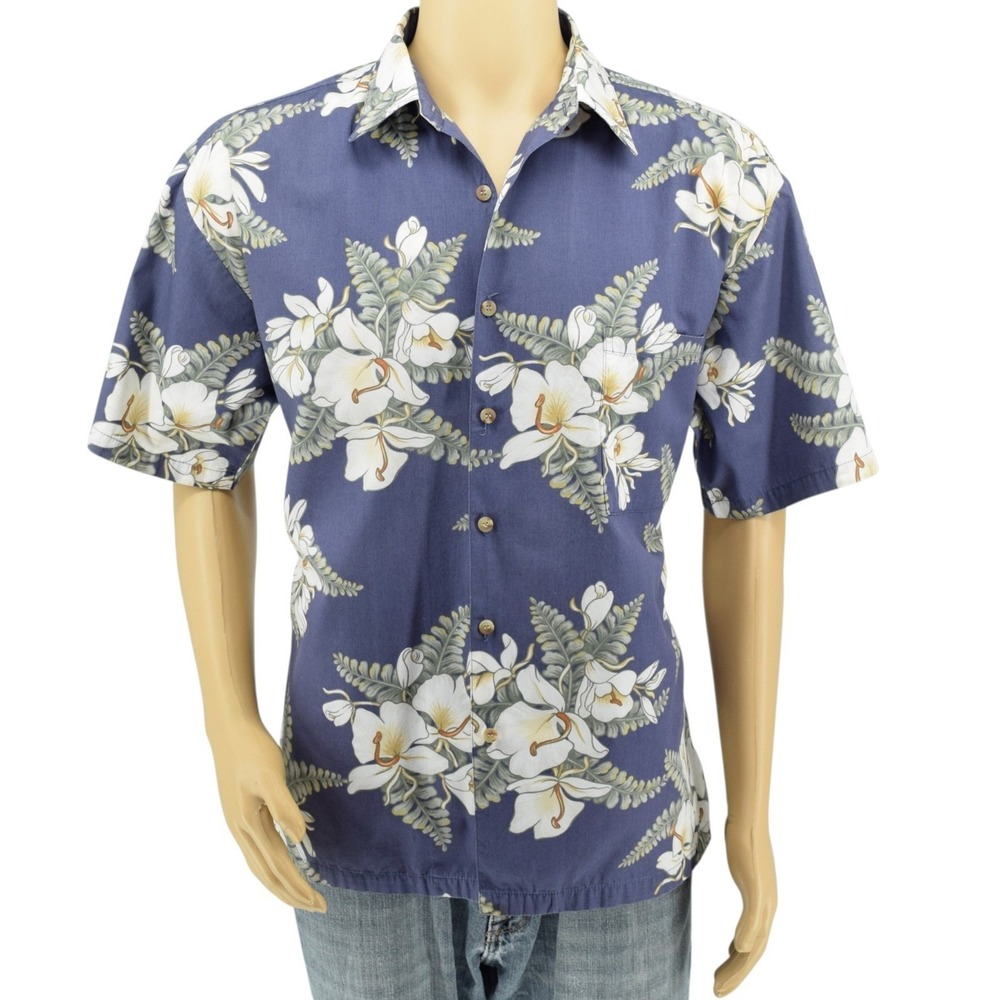 KAHALA Mens L Hawaiian Camp Shirt Blue Hibiscus Cotton Button-Front - Hawaii M36